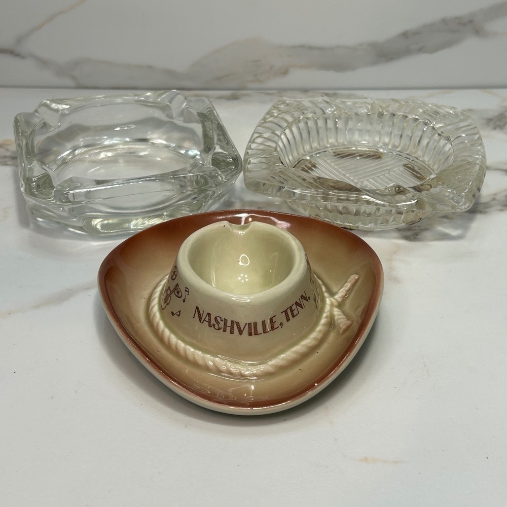 Vintage Ashtray Lot of 3 Scotty Nashville TN Cowboy Hat Japan Glass Retro